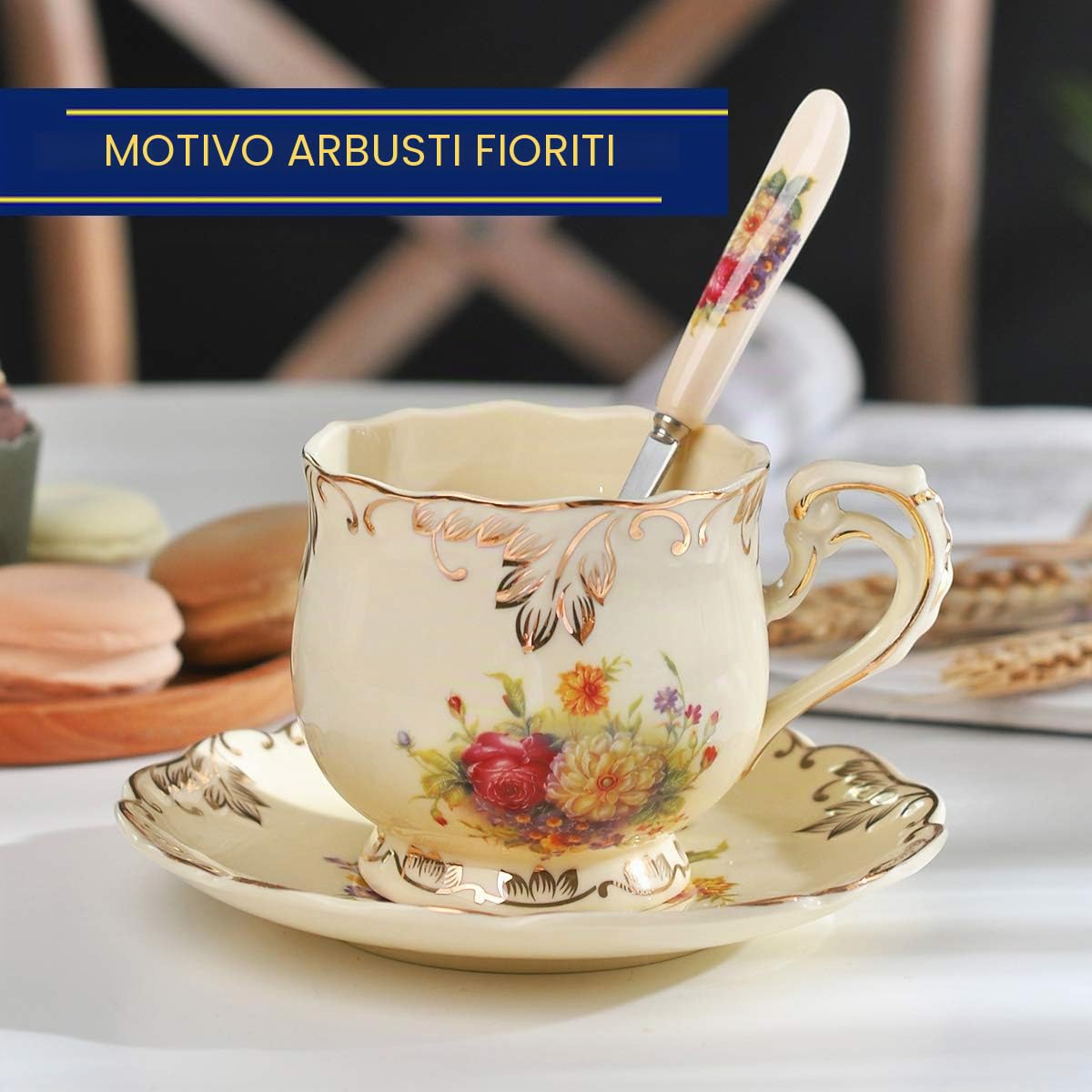 YOLIFE Set di 2 tazze da tè in ceramica color avorio, tazza da tè inglese con piattino, bordo con foglie dorate
