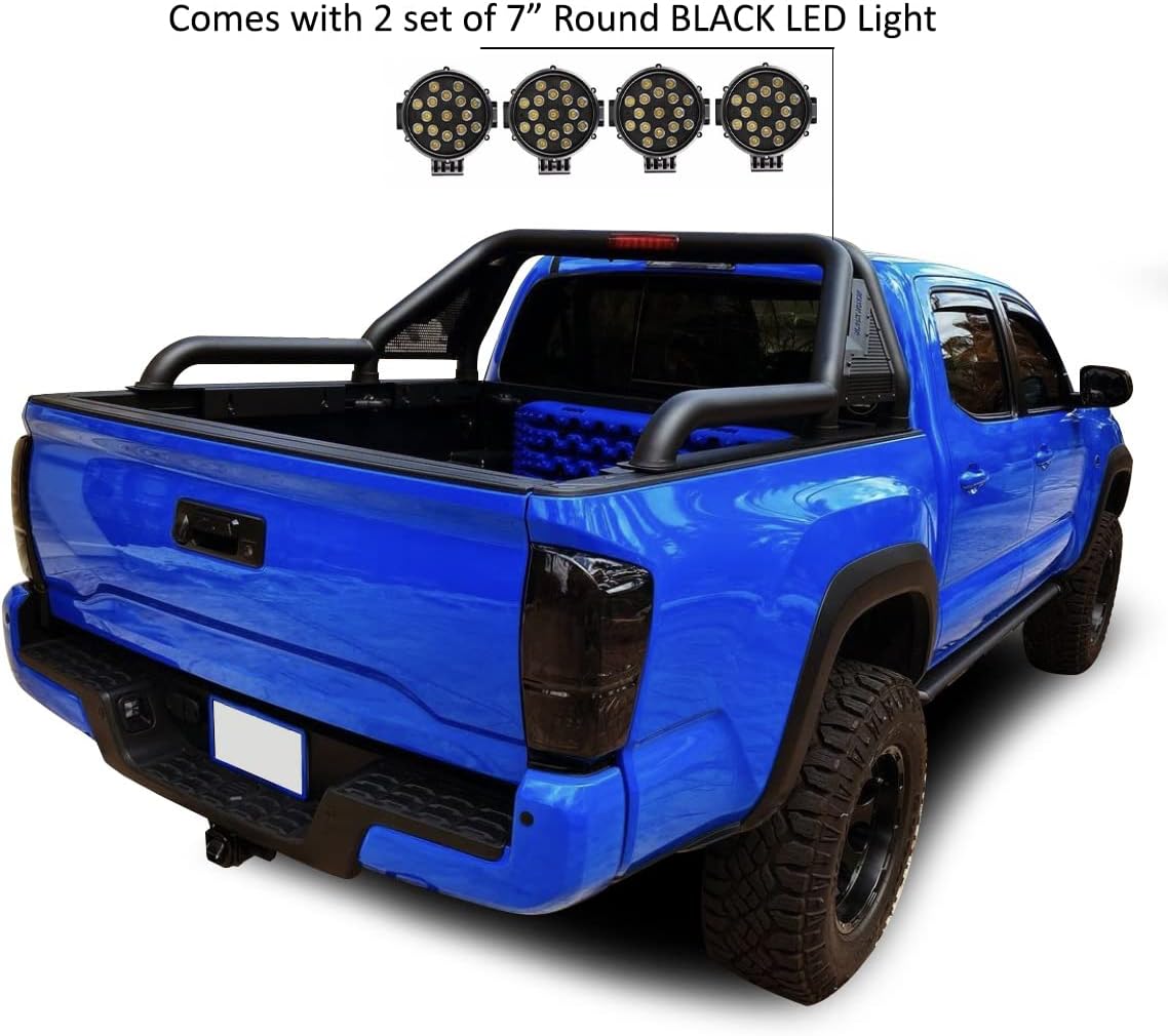 Black Horse GLADIATOR Roll Bar w/ pair of 7.0"Dia. LED Lights w/ Black Trim Rings Compatible with 2015-2026 GMC Canyon|2015-2026 Chevrolet Colorado|15-26 Toyota Tacoma-GLRB-03B-PLB