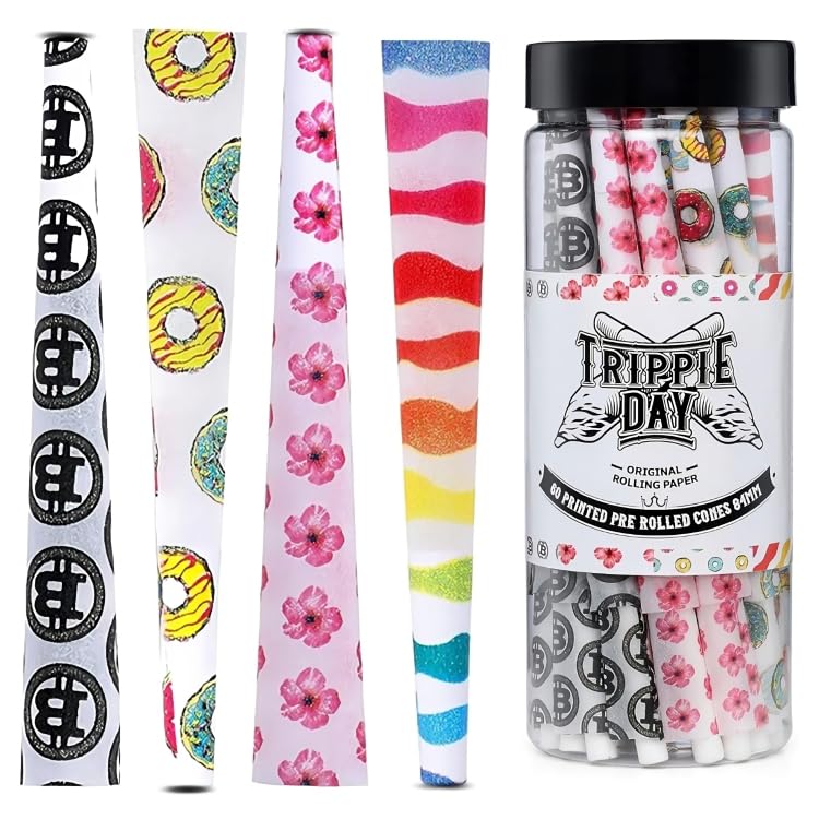 Trippie Day Printed Pre Rolled Cones - 84mm Size, Pack of 60 - Premium Party Pack with Natural Arabic Gum, Soy Based Inks - Great for Fun & Unique Smoking Experience (Mix Pack, 15/design)