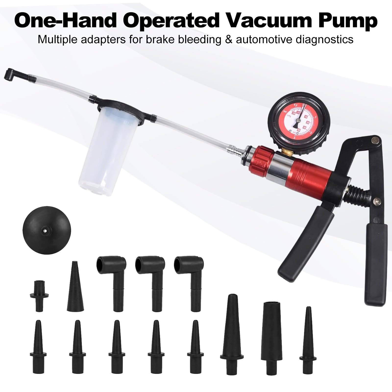 FreeTec Pompa Vuoto Spurgo Freni, 21 Pezzi Kit Spurgo Freni, Tester per Pompa a Vuoto Manual, Pompa Depressione per Facile Spurgo Freni Auto Moto