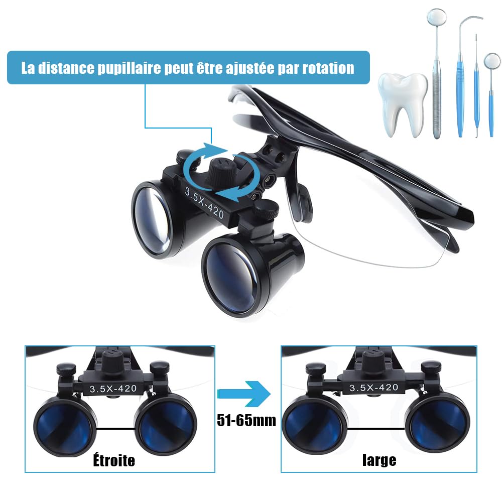 Loupes Binoculaires Frontales Professionnelles 3.5X LED pour Dentaire, Bijouterie, Chirurgie - Grossissement Optique Verre - Distance Focale 420mm - Léger & Portable avec Étui