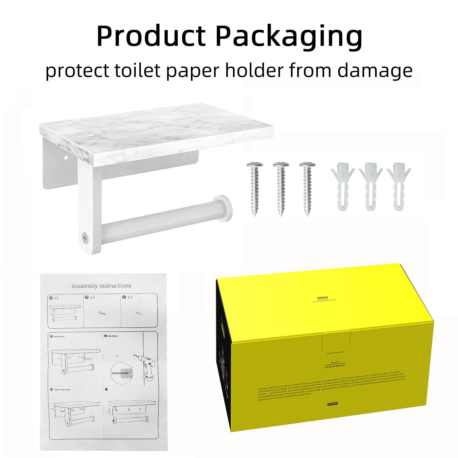 Gypie Uchwyt na papier toaletowy z półką z naturalnego marmuru, śruba ze stali nierdzewnej 304, montowana na ścianie, uchwyt na papier na chusteczki do łazienki, toaletki, biały