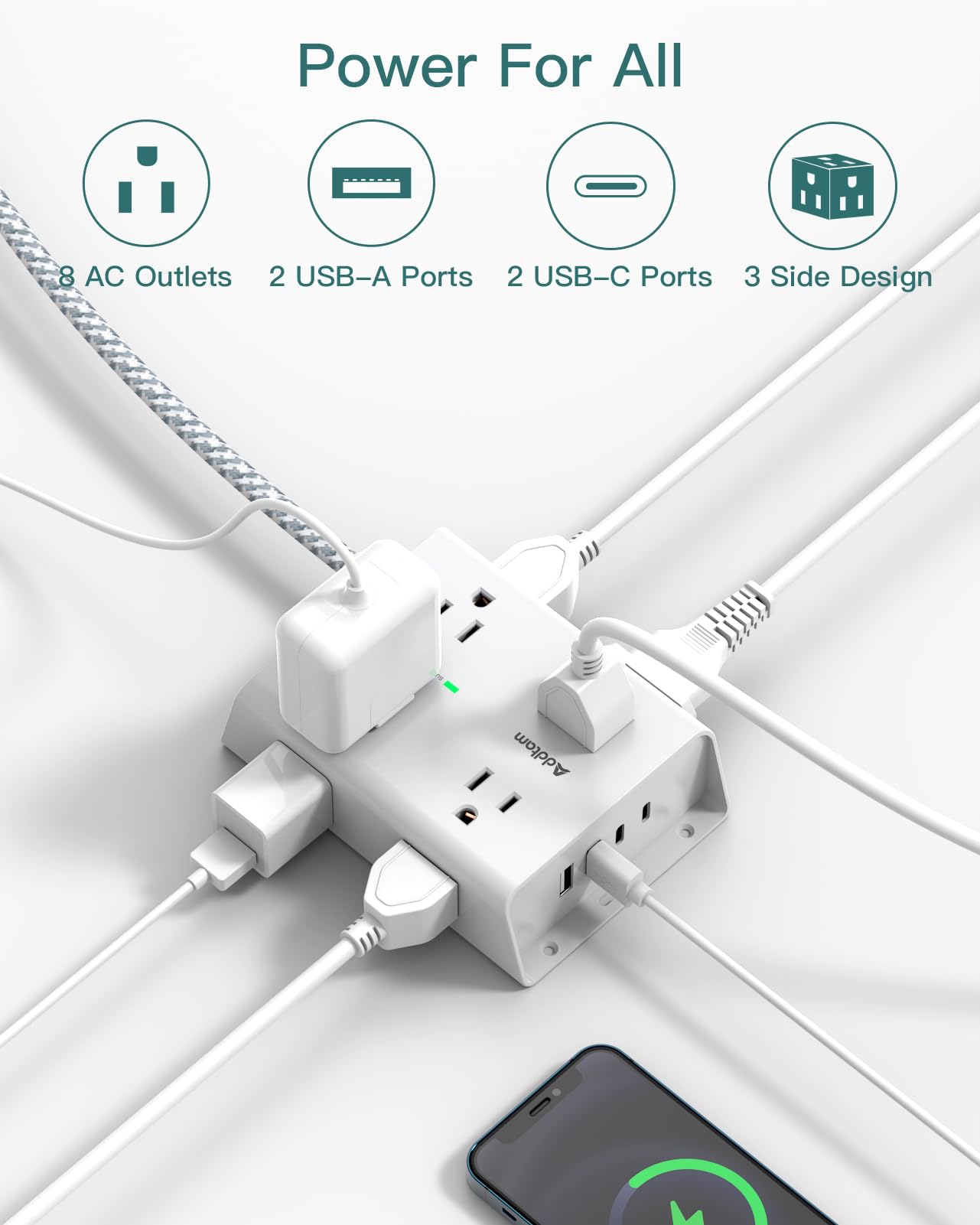 Protector de sobretensiones - 8 salidas extensas con 4 puertos USB (1 toma USB C),tira extensora de salida de 3 lados con cable de extensión de 5 pies, enchufe plano, soporte de pared para dormitorio