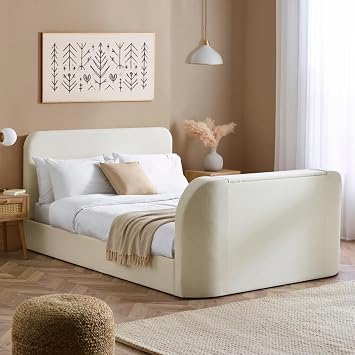 happybeds Shelly Cream Fabric Electric TV Bed Cream Fabric, 5FT King Size - Frame Only