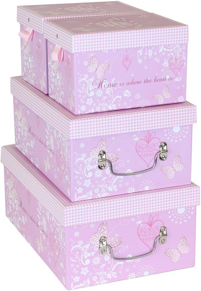 JVL Heart and Butterfly Design Storage Boxes, Cardboard, Pink, 33 x 24