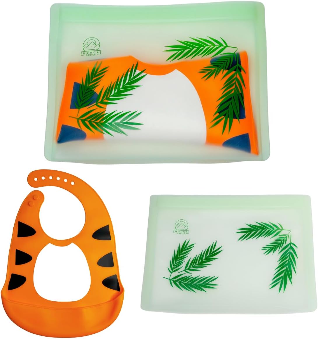Hooga Babies Silicone Baby Bib & Reusable Silicone Bag | Eco-Friendly | Cute Design | Unisex, Orange Bib and Green Bag, One Size Fits All