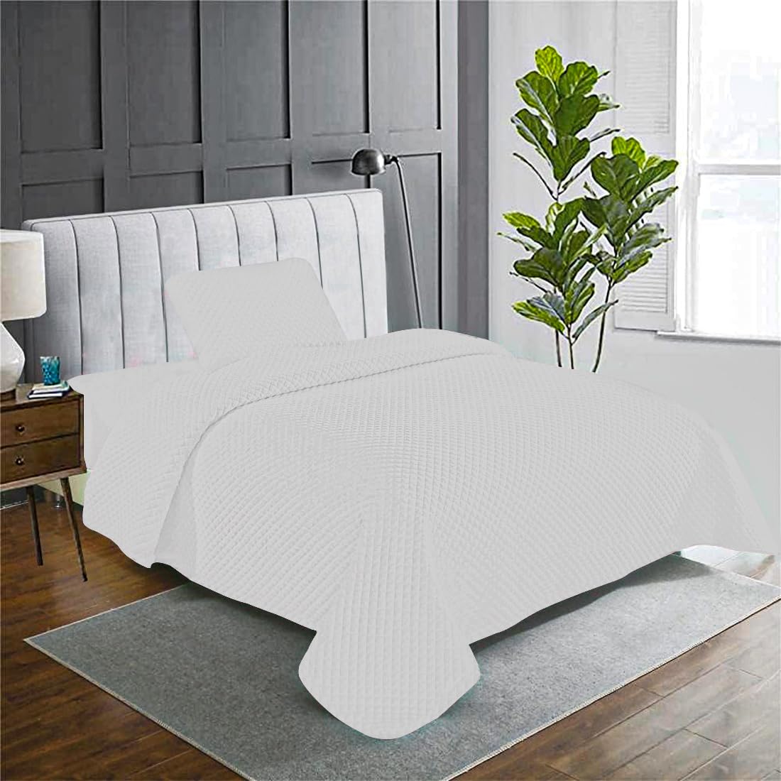 Luxury Cotton Satin Quilted Bedspread 300 TC with 1 Pillow Cover, Ultra Soft Texture, Breathable, Enhance Your Bedroom Decor & Comfort, 60x90 Inch, White-image-3