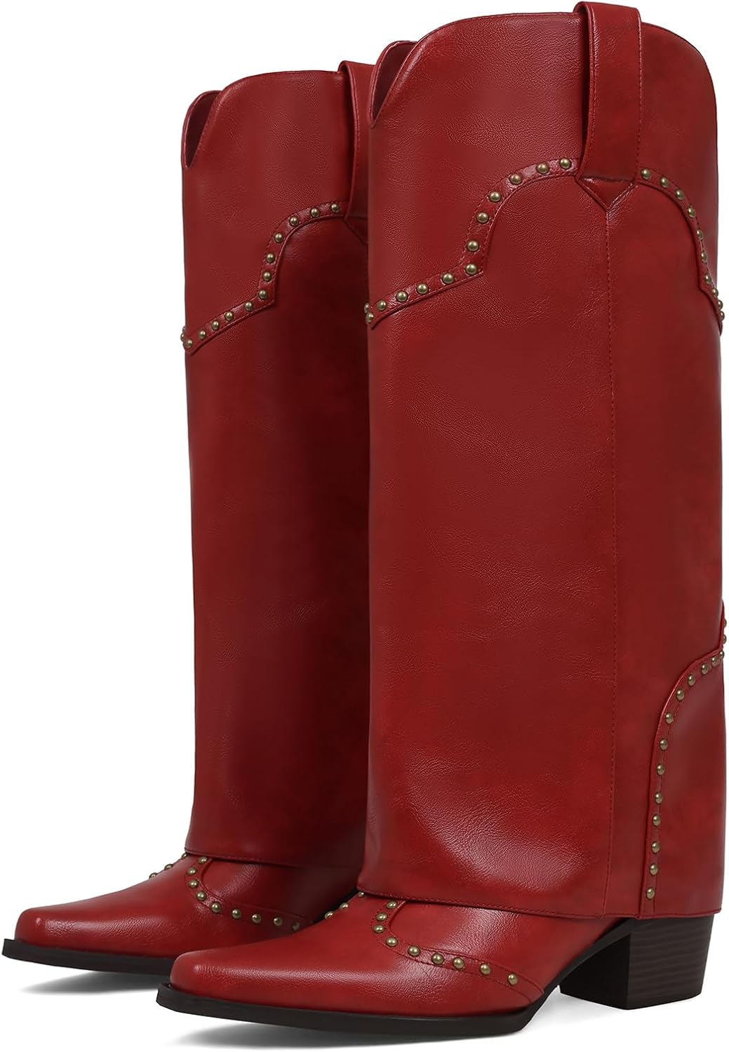 AOSPHIRAYLIAN Shark Boots for Women Fold Over Knee High Snip Toe Cowboy Boots Chunky Heel Studded Pull On Classic Fashion Party Dress Cowgirl Boot