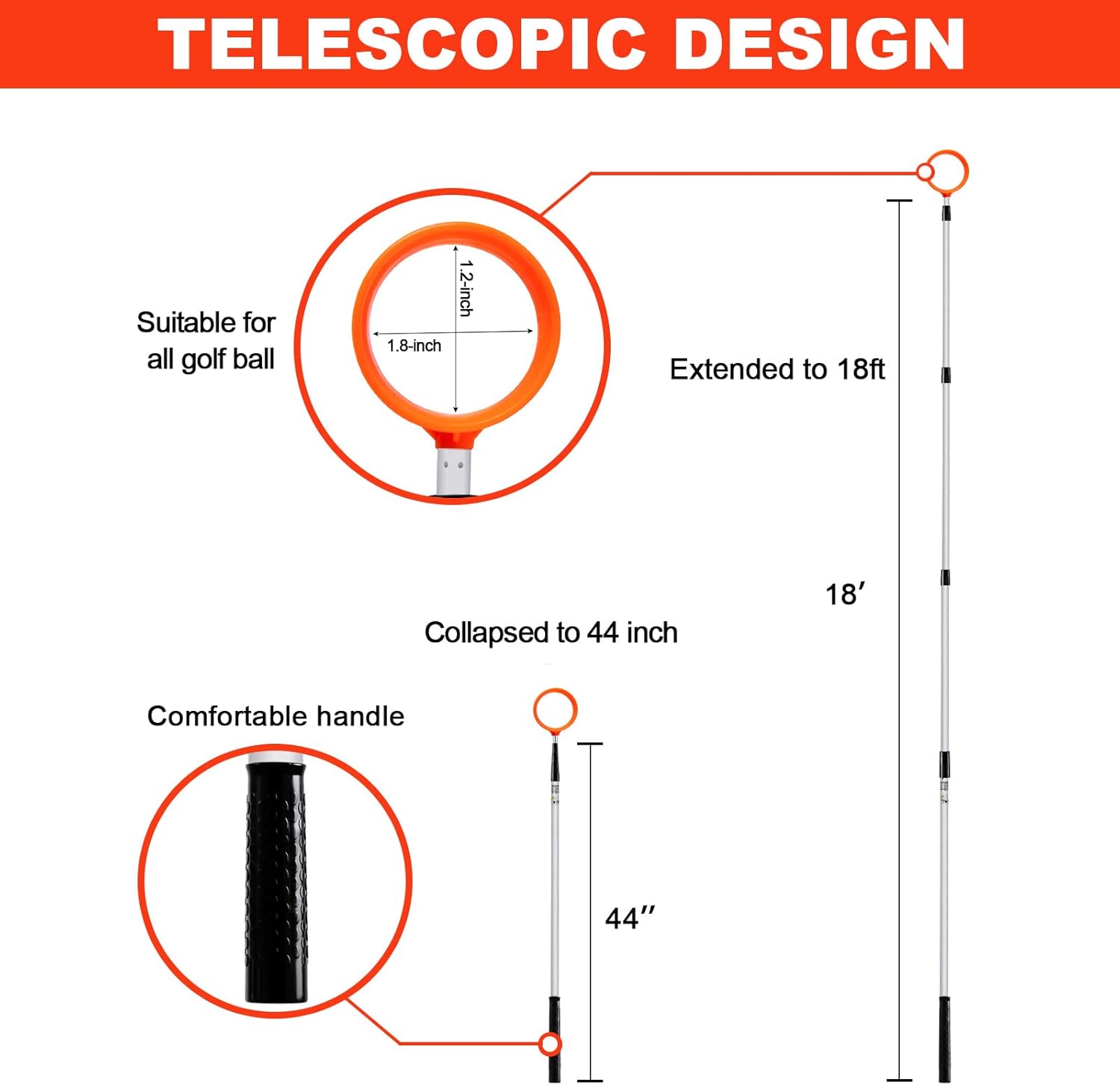 ToVii Golf Ball Retriever - Telescopic Aluminum Alloy Pole and Firm Nylon Cup Grabber