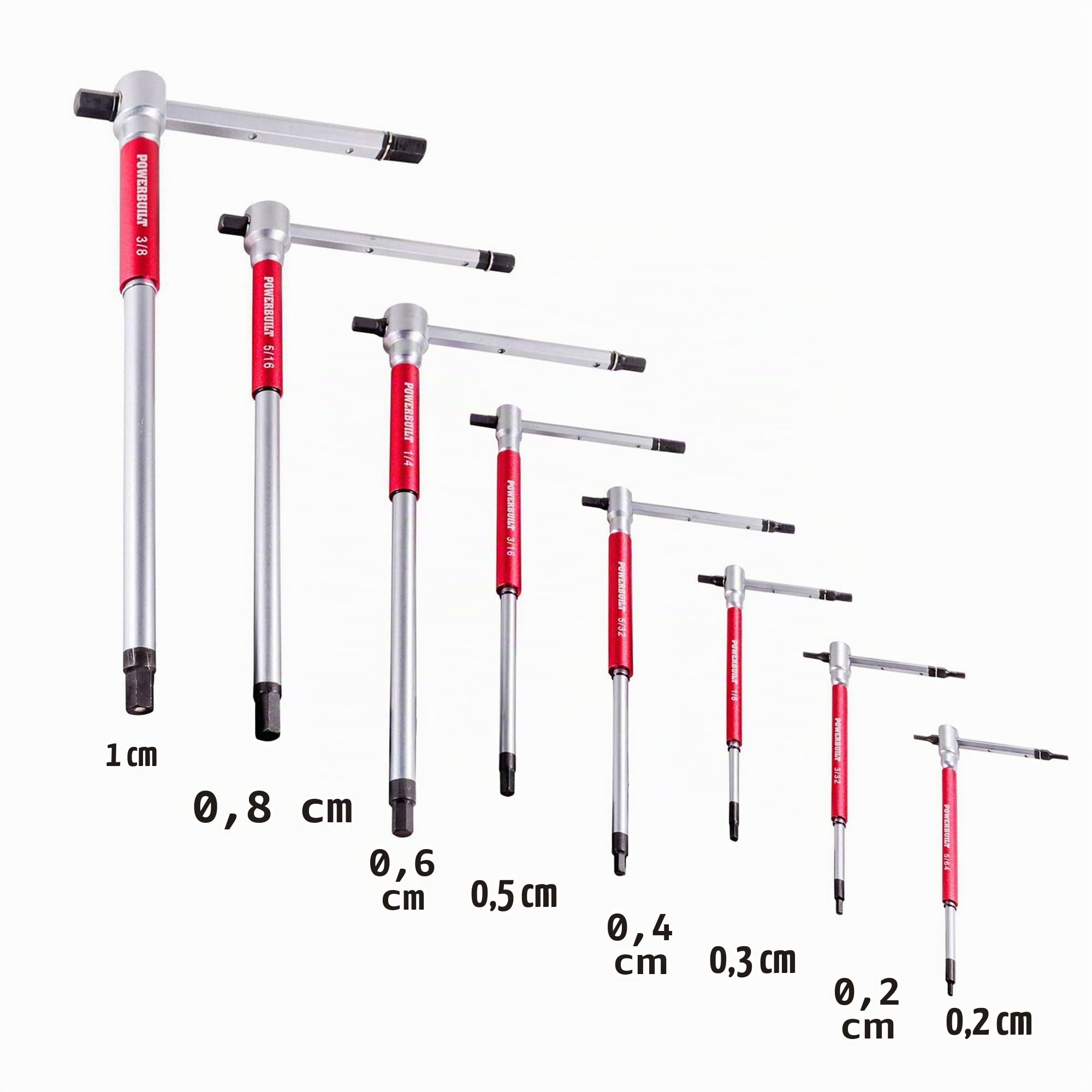 Powerbuilt Set di 8 chiavi a brugola esagonali SAE con impugnatura a T e manicotti rapidi per un'azione di rotazione rapida, maniglia superiore scorrevole per forma a T o L, alberi lunghi, rack di