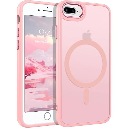 DUEDUE for iPhone 8 Plus Case, iPhone 7 Plus Case Magnetic[Compatible with Magsafe], Translucent Matte Back Protective Cover Shockproof Phone Case for iPhone 7 Plus/8 Plus, Pink