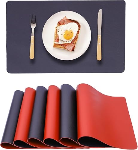 Miniatura 11 de Juego de 6 manteles individuales ovalados reversibles de piel sintética negra y roja, impermeables, resistentes al calor, antideslizantes, lavables,