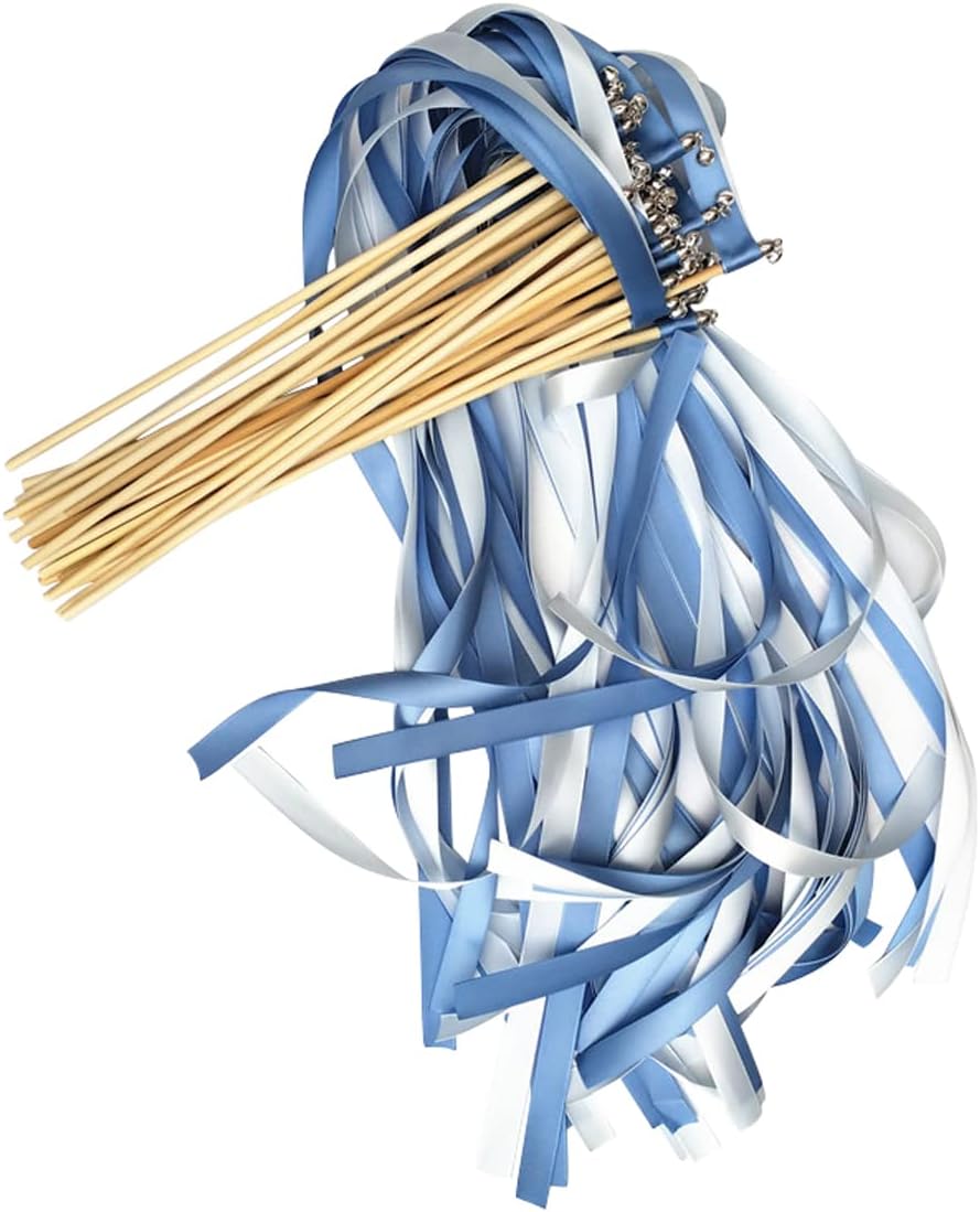50pcs Ribbon Streamers with Bells, Party Ribbon Stick Fairy Stick Wish Wands for Wedding Celebration and Holiday,Light Blue+White