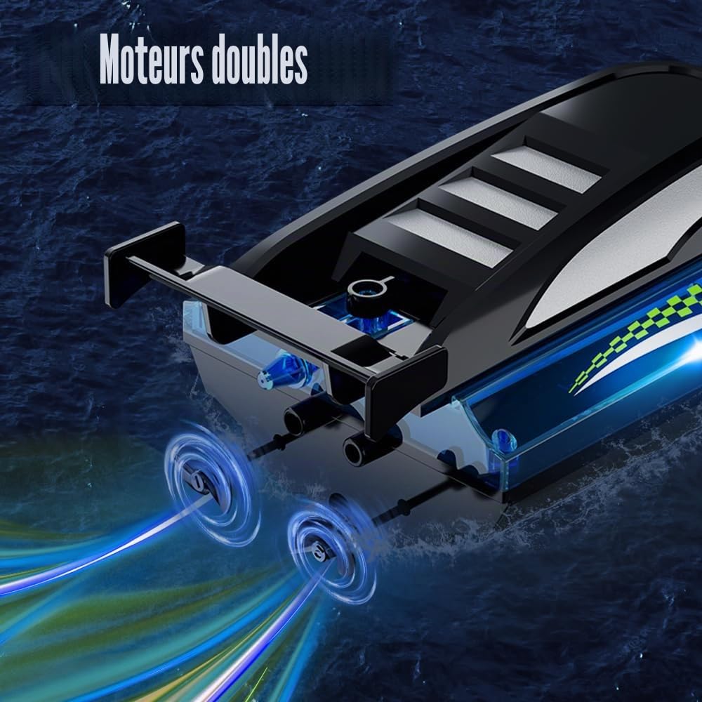 OBEST Bateau Télécommandé RC de Course Haute Vitesse avec Lumières LED, 2.4GHz pour Piscines et Lacs avec 2 Batteries, Jouet de Bateau pour Adulte et Enfant