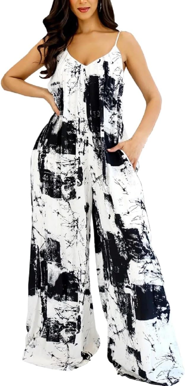 Women's Summer Loose Fit V-Neck Spaghetti Strap Jumpsuit Wide Leg Pants | Ultra-soft breezy fabric keeps you cool.Relaxed silhouette offers all-day comfort.Ideal for daily wear.