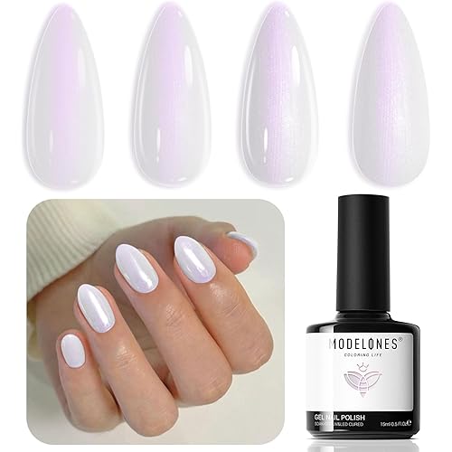 Modelones White Gel Nail Polish, Pearl White Gel Nail Polish 15 ML Glitter Gel Polish Shimmer Mermaid Nail Gel Soak Off UV Gel for Salon Home DIY Manicure Use