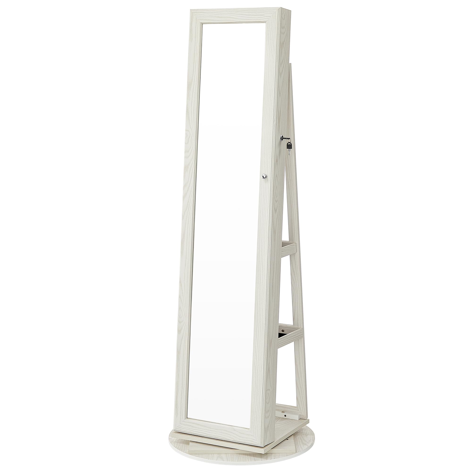 SONGMICS Armoire à Bijoux, Organisateur d’Accessoires, avec Miroir Pleine Longueur, Pivotant à 360°, Étagère de Rangement, Verrouillable avec des Clés, pour Chambre, Blanc Boisé Grisâtre JBC62W