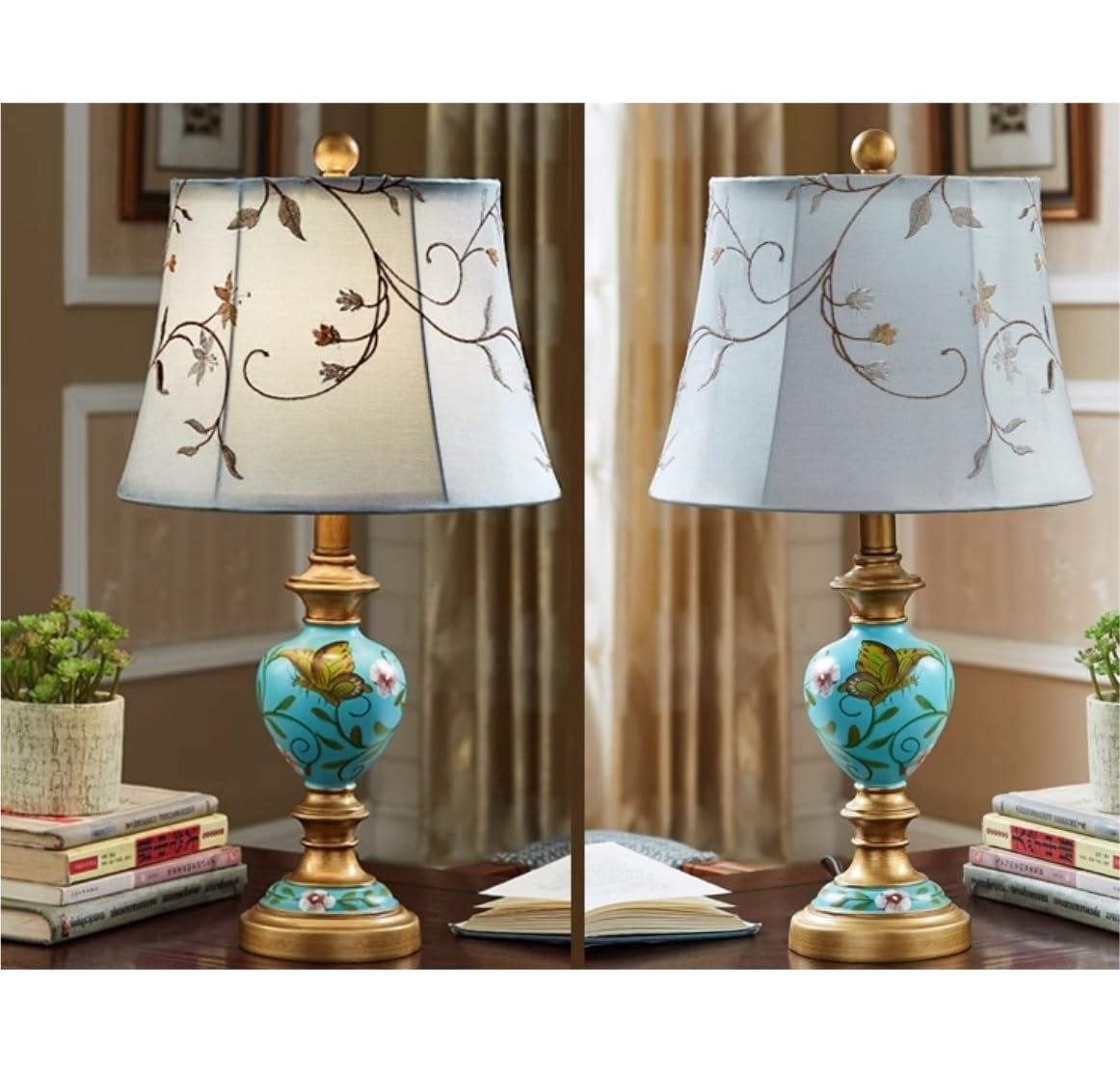 Lampada da Tavolo, Lampada da Comodino, Stile retrò, Paralume in Tessuto, per Soggiorno, Camera da Letto, Ferro, Resina, Comodino, scrivania (33 * 56 cm)
