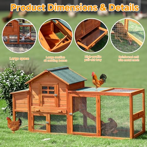 Image of Large Chicken Coop Outdoor Durable Duck House Poultry Pet Hutch & 2 Wood Eggs Run Cage Nesting Box Waterproof Asphalt Roof Ramp Removable Tray Wire Fence for Backyard Small Animal (Orange)