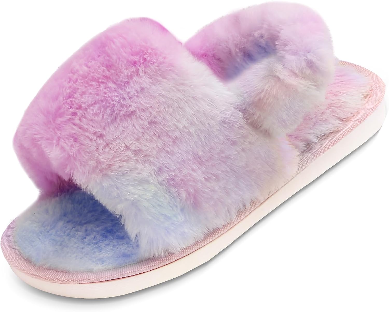 LightFun Girl's Fuzzy Fluffy Furry Slippers Cross Band Shoes Slides for Girls Fur Flip Flop Open Toe Slippers