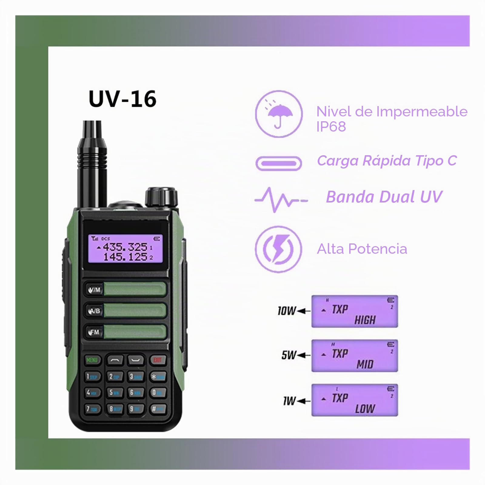 UV-16 Plus 10W Walkie Talkies VHF UHF Radio Bidireccional De Doble Banda Cargador USB Impermeable Radioaficionado De Doble Banda De Largo Alcance Sonido Claro(Add Cable Antenna)