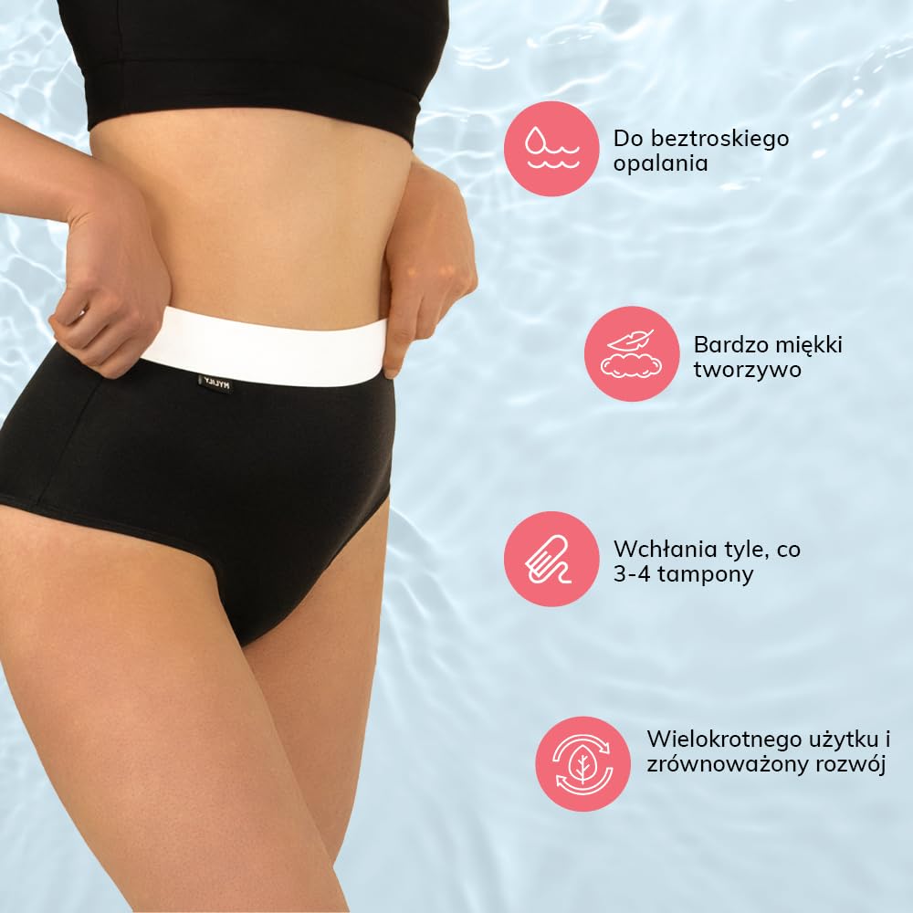 MYLILY Bikini damskie czarne | Bikini z wysokim stanem i białym paskiem | Bikini z wysokim stanem | Strój kąpielowy na okres | Kąpielówki na okres czarno-białe