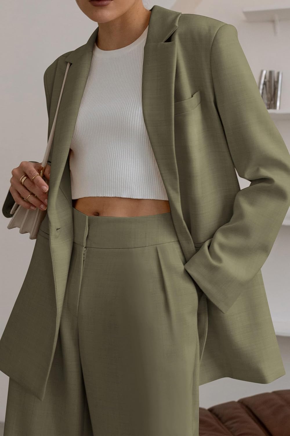 Damen Herbst Zweiteilige Outfits Blazer Jacke und Weite Hosen Taschen Business Casual Anzug Sets