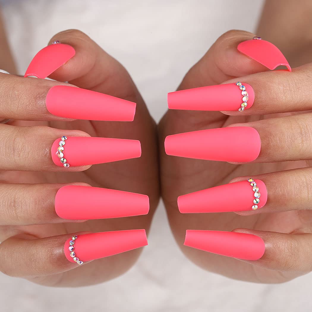 Amazon.com: Aksod Matte Rhinestone Fake Nails Long Coffin Press on Nails  Hot Pink 3D Bling Crystal Ballerina Nails Tips Full Cover Artificial False  Nails Sets for Women and Girls 24Pcs (A) :
