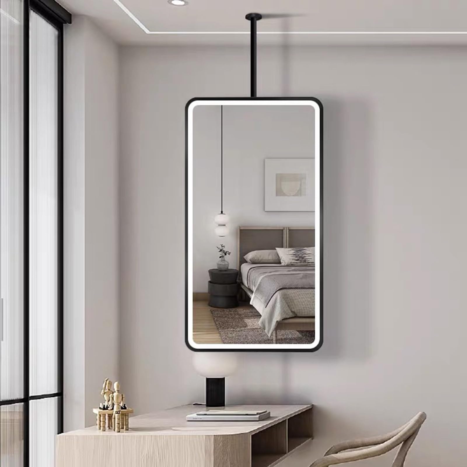 FGXHHS LED Wall Mirrors - Black Mounted Bathroom Vanity Mirror for Decoration Ceiling Hanging Suspended Floating Glass Bedroom Living Room Entryway(50cmx70cm)