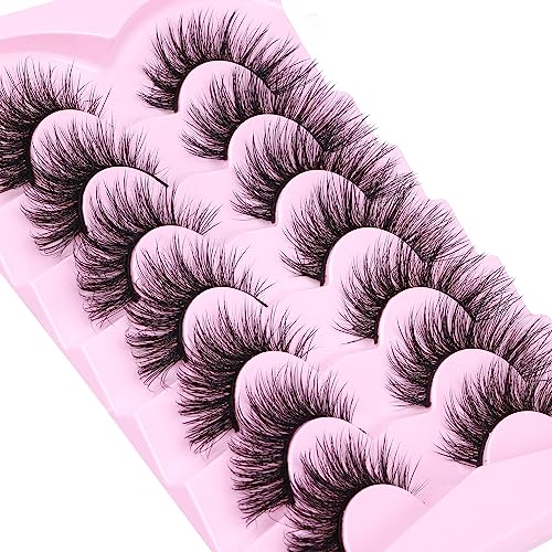 Mink Lashes Natural Look False Eyelashes Wispy Fluffy 3D Mink Lashes Cat Eye Flat Lashes Natural Fox Eye Fake Lashes Extensions Strip Eyelashes Pack 7 Pairs #TOP5