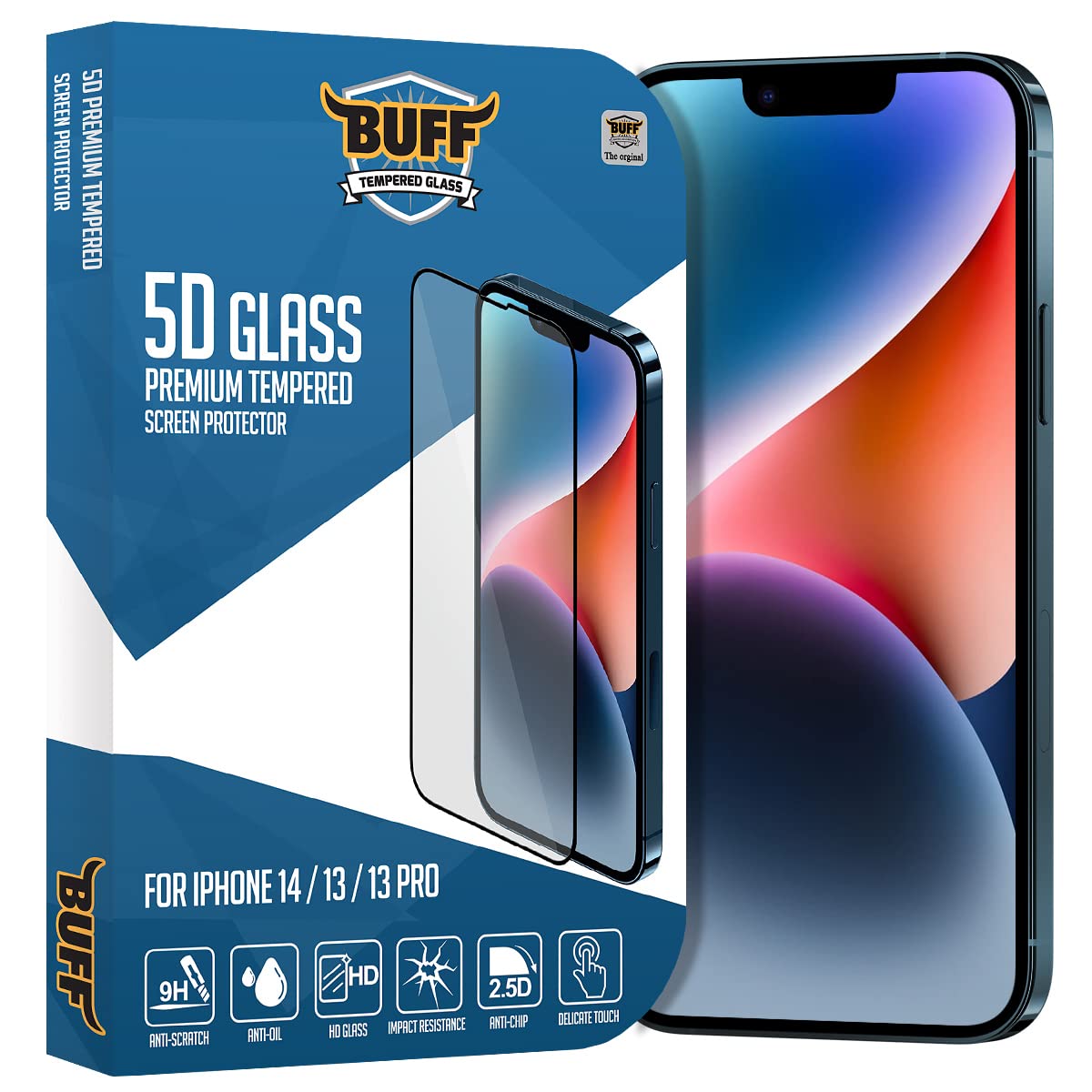 BUFF LABS 5D Glass Full Covered Tempered Glass Screen Protector for iPhone 14/13/13 Pro 9H Hardness Anti-Scratch Case Friendly Bubble-Free Oleophobic Coating Easy Installation Alignment Tool