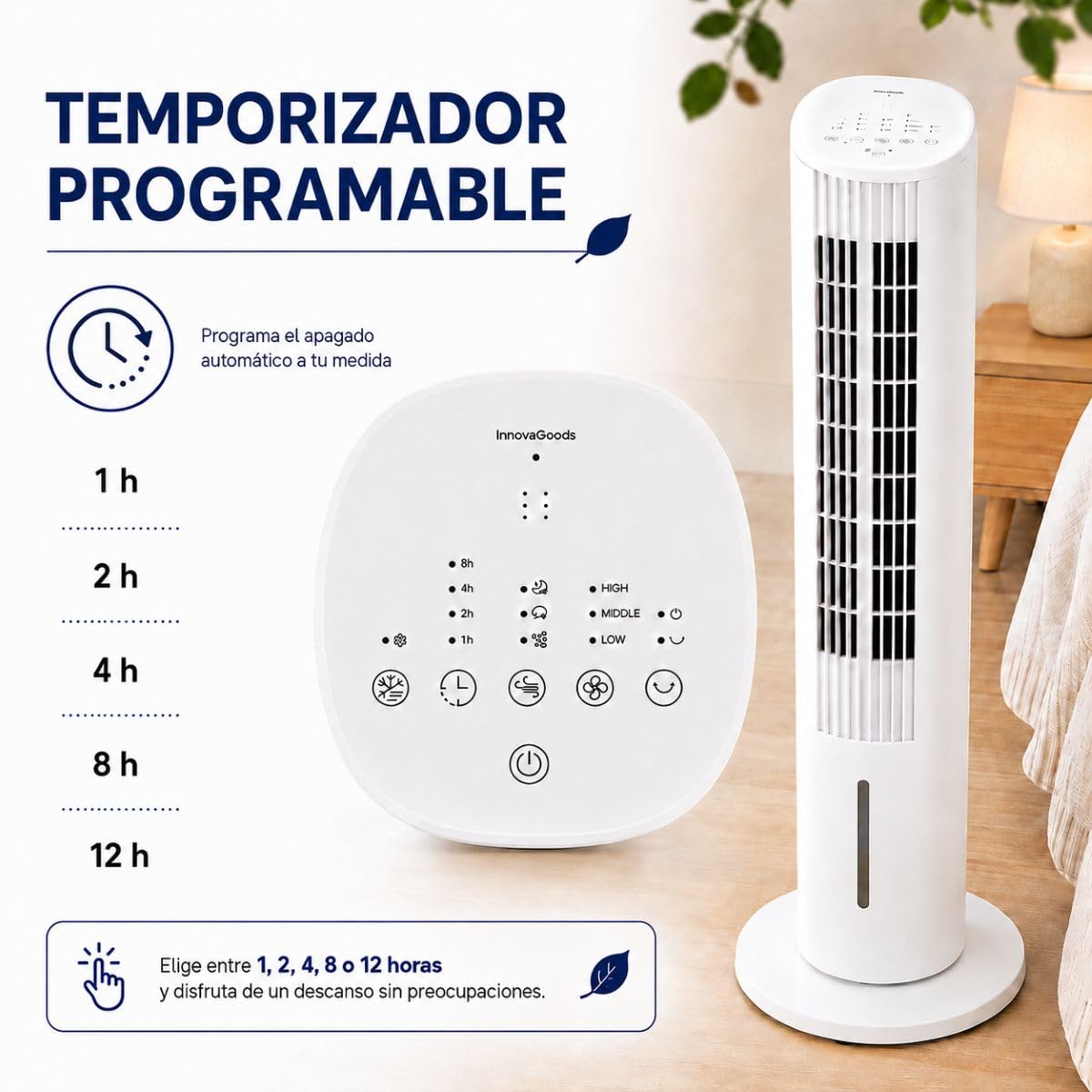 InnovaGoods - Climatizzatore evaporativo portatile Torre 4 in 1, ventilatore, umidificatore, diffusore di aromi, telecomando, 3,5 l, 3 velocità, timer, oscillazione 45°, silenzioso <46 dB