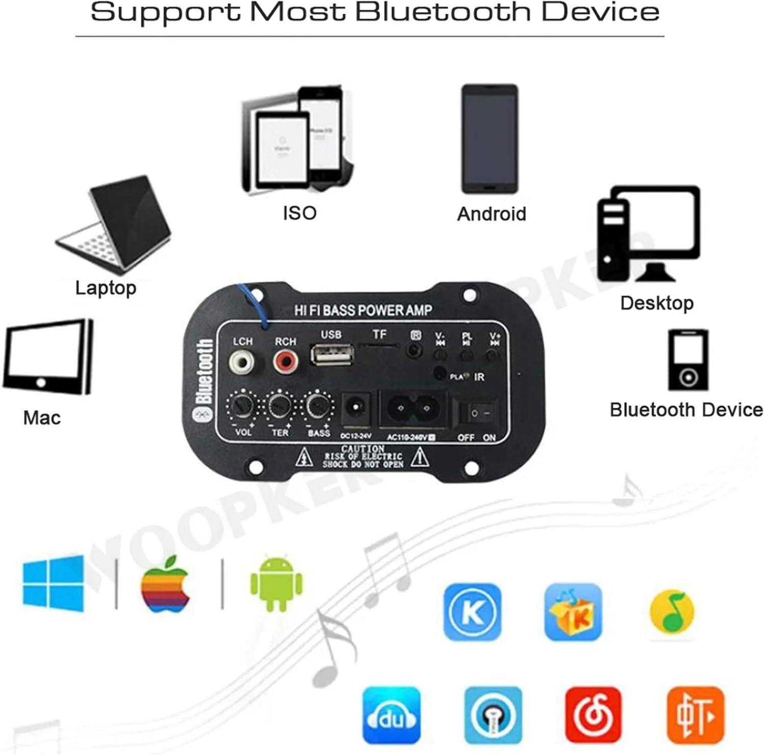 VCHICS Digital Audio Amplifier Receiver Module showing Bluetooth compatibility with various devices