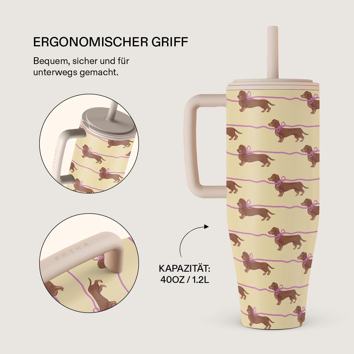 BURGA 1,2l Becher mit Griff und Trinkhalm – Auslaufsichere isolierte Wasserflasche, hält Getränke 12 Std. heiß und den ganzen Tag kalt, passt in Becherhalter, Reisebecher aus Edelstahl