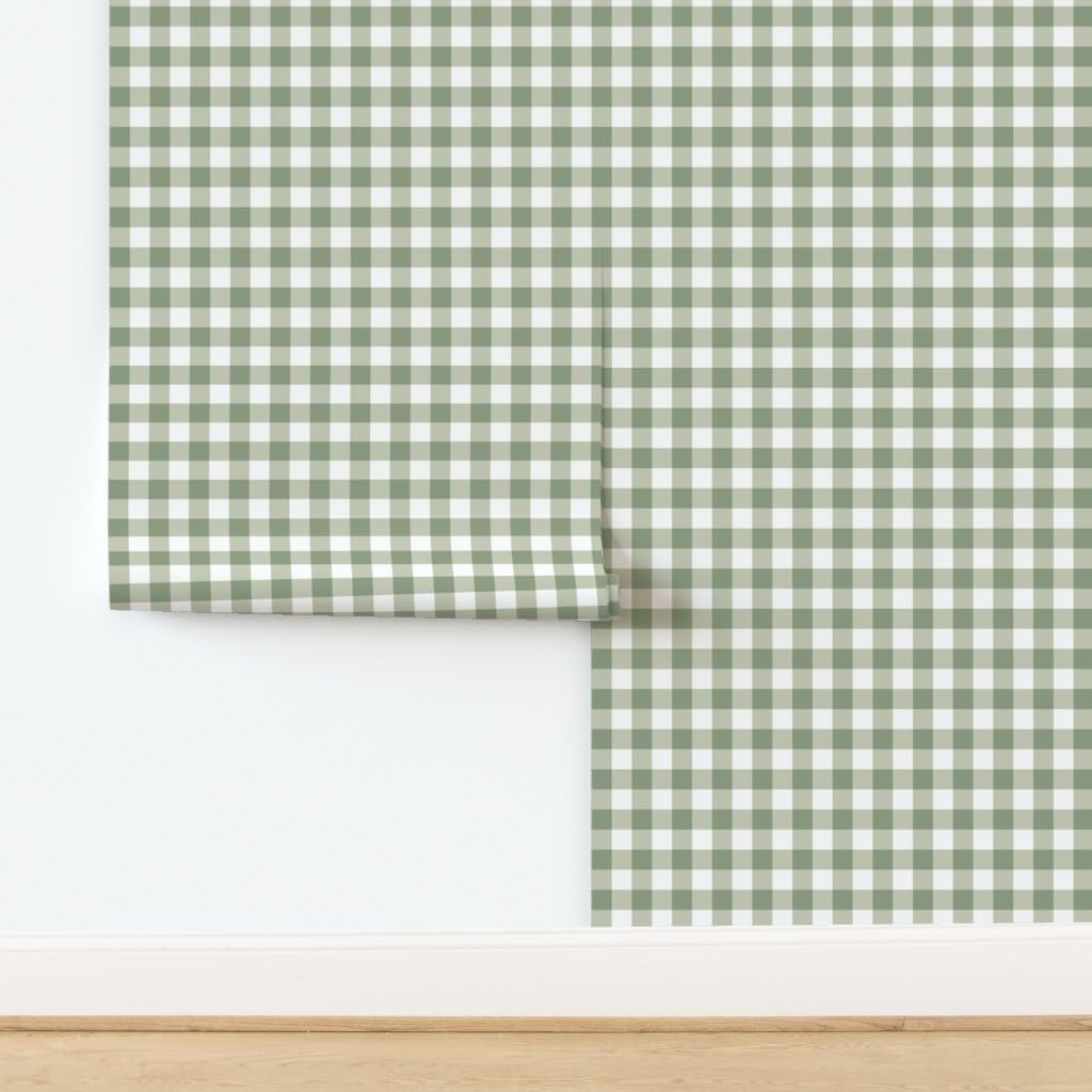 Spoonflower Peel & Stick Wallpaper 3ft x 2ft - Green Plaid Gingham Check Sage Woodland Quilt Cottage Custom Removable Wallpaper