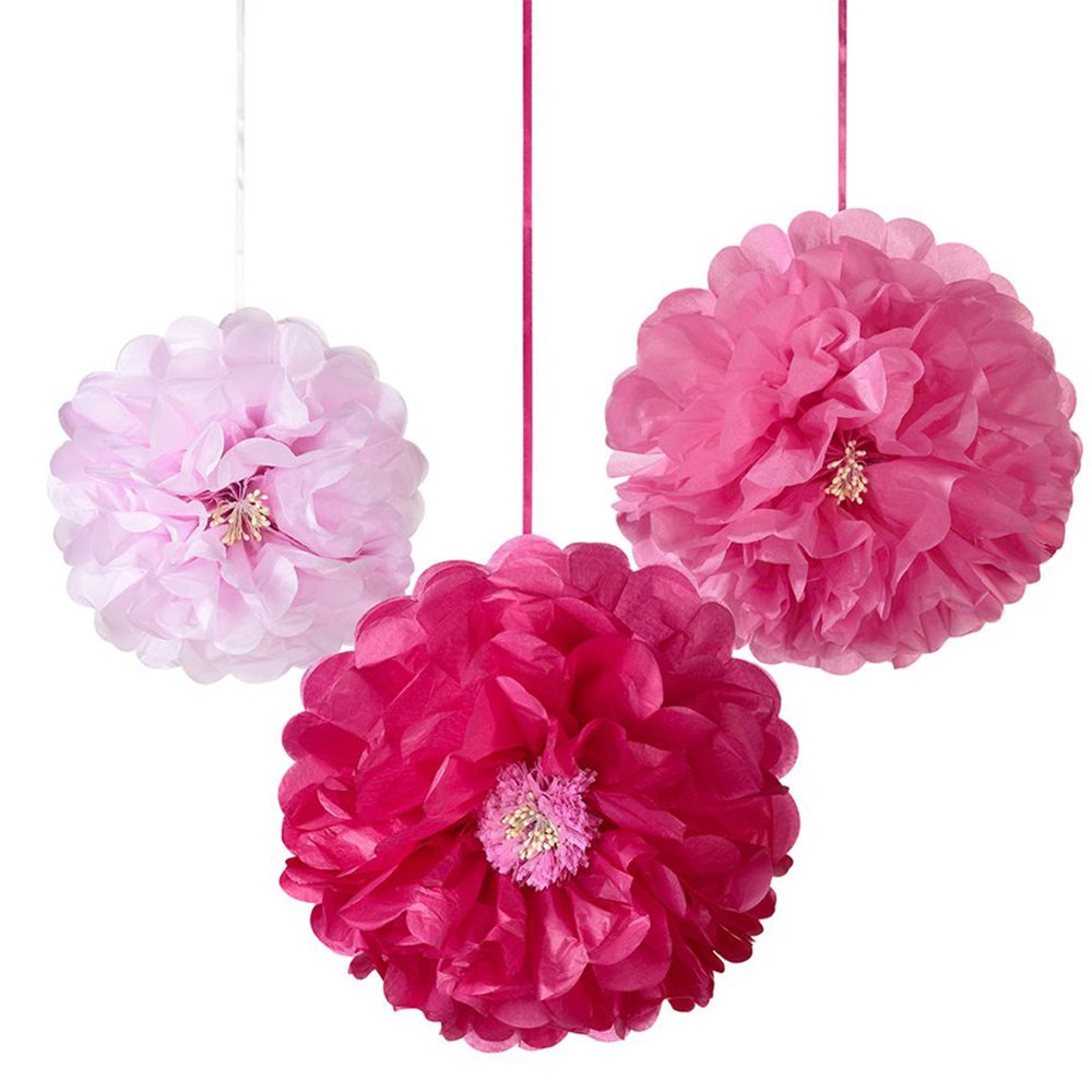 Talking Tables Decadent Decorations Pink Pom Pom Paper Flower Decorations with Centre Detail for Summer Party, Pink (3 Pack)