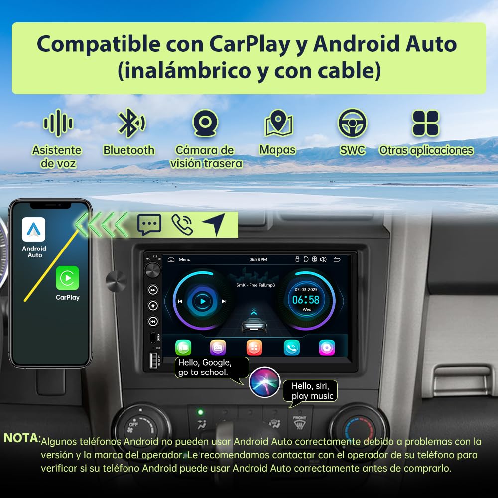 7" Radio de Coche 2 DIN Universal con Carplay y Android Auto Inalámbrico