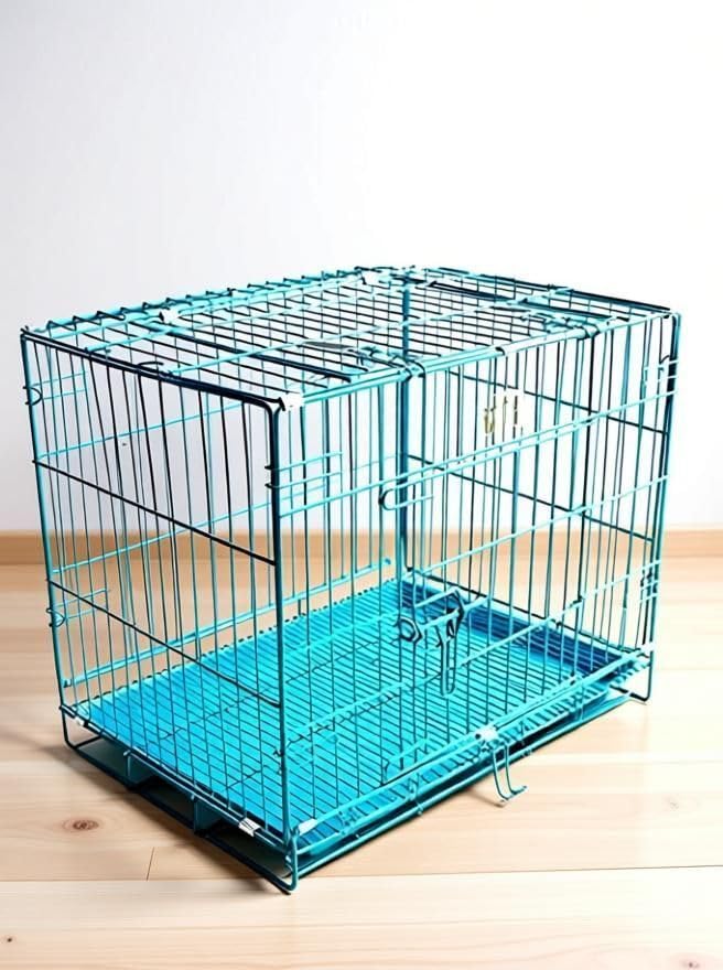 Image of PETJOY Foldable Metal Dog Cage | 36 Inch Dog Crate Kennel for Puppies, Large Dogs, Cats & Rabbits | Double Door with Secure Lock, Removable Leak-Proof Tray | Portable & Easy to Clean Pet Cage (Blue)