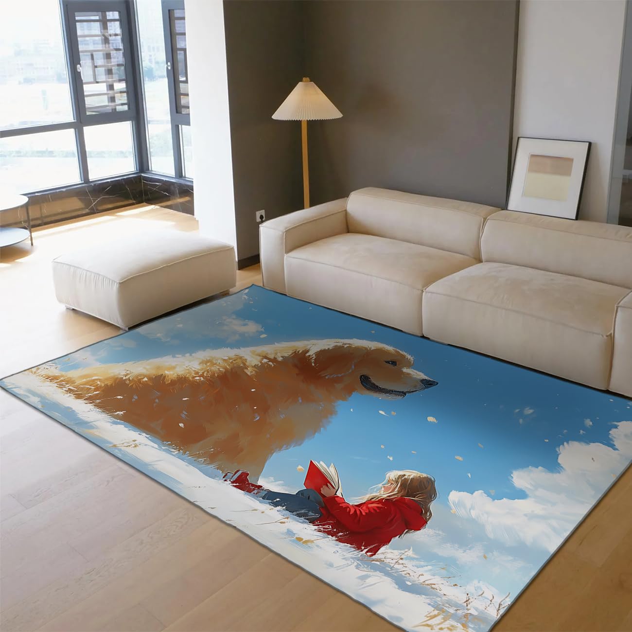Śliczny dywan dla psa 90 x 180 cm śnieżny krajobraz dziewczyna książeczka do czytania niski składany składany odporny na plamy dywaniki samochodowe Golden Retriever obraz olejny wzór artystyczny duże
