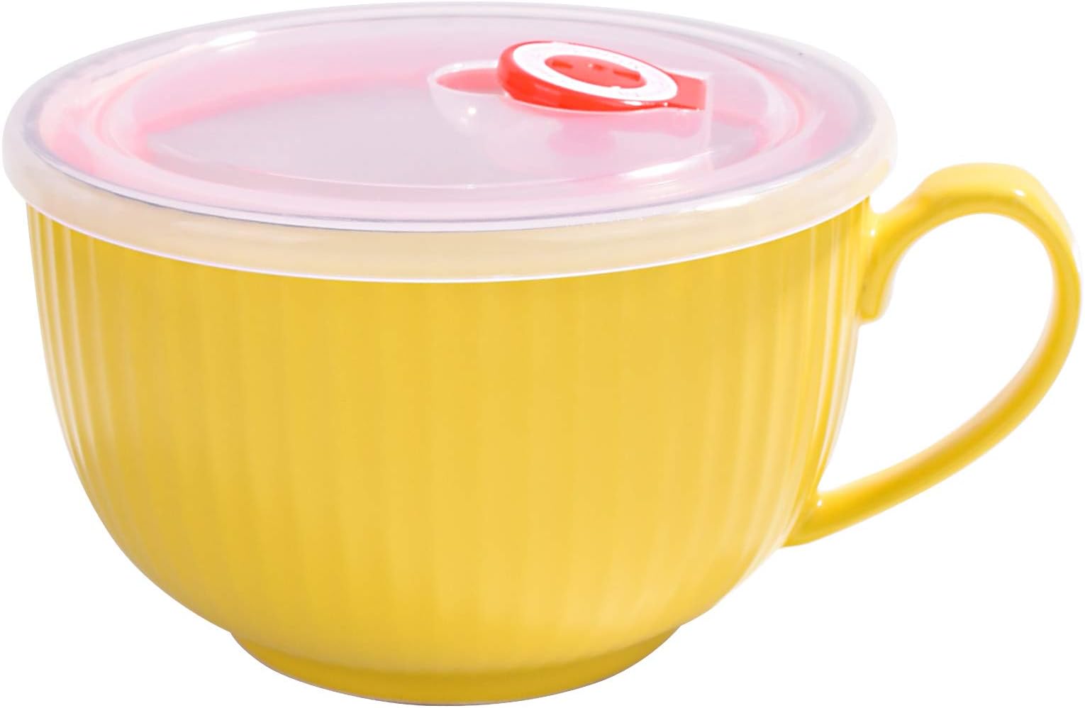Ceramic Bowl with Lid and Handle - Microwave & Dishwasher Safe - Yellow Cereal Bowl for Breakfast & Ramen