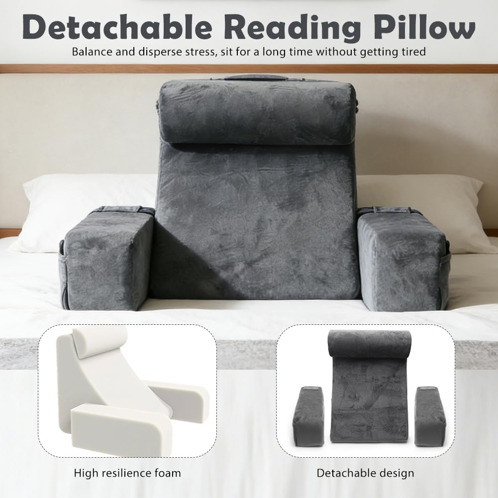 Grand coussin de lecture pour lit et canapé, avec main courante, mousse haute densité, coussin de livre avec traversin et accoudoirs amovibles, coussin de dossier, pour lire, travailler, regarder la