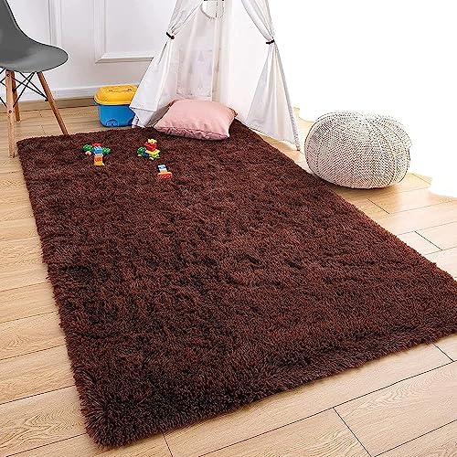Image of Urban Modern Decor Features 5x8 Feet Modern Soft Shaggy Carpet Thick, Fluffy & 2 inch Pile Shag Rug for Your Kids Room, Bedroom & Livingroom(5x8 feet, Brown Plain)