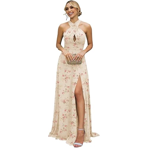 Halter Chiffon Long Bridesmaid Dresses with Slit A Line Formal Dress Evening Party Gowns