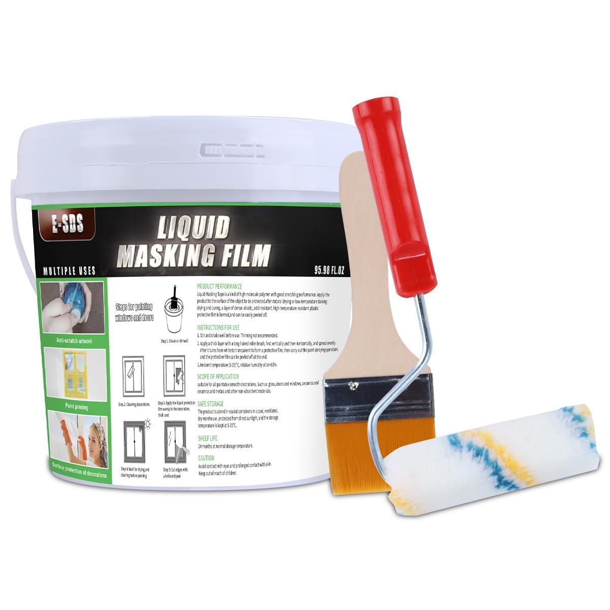 E-SDS Cinta líquida de enmascaramiento, 95.98 onzas líquidas para pintura de ventanas, revestimiento transparente pelable con un cepillo y rodillo