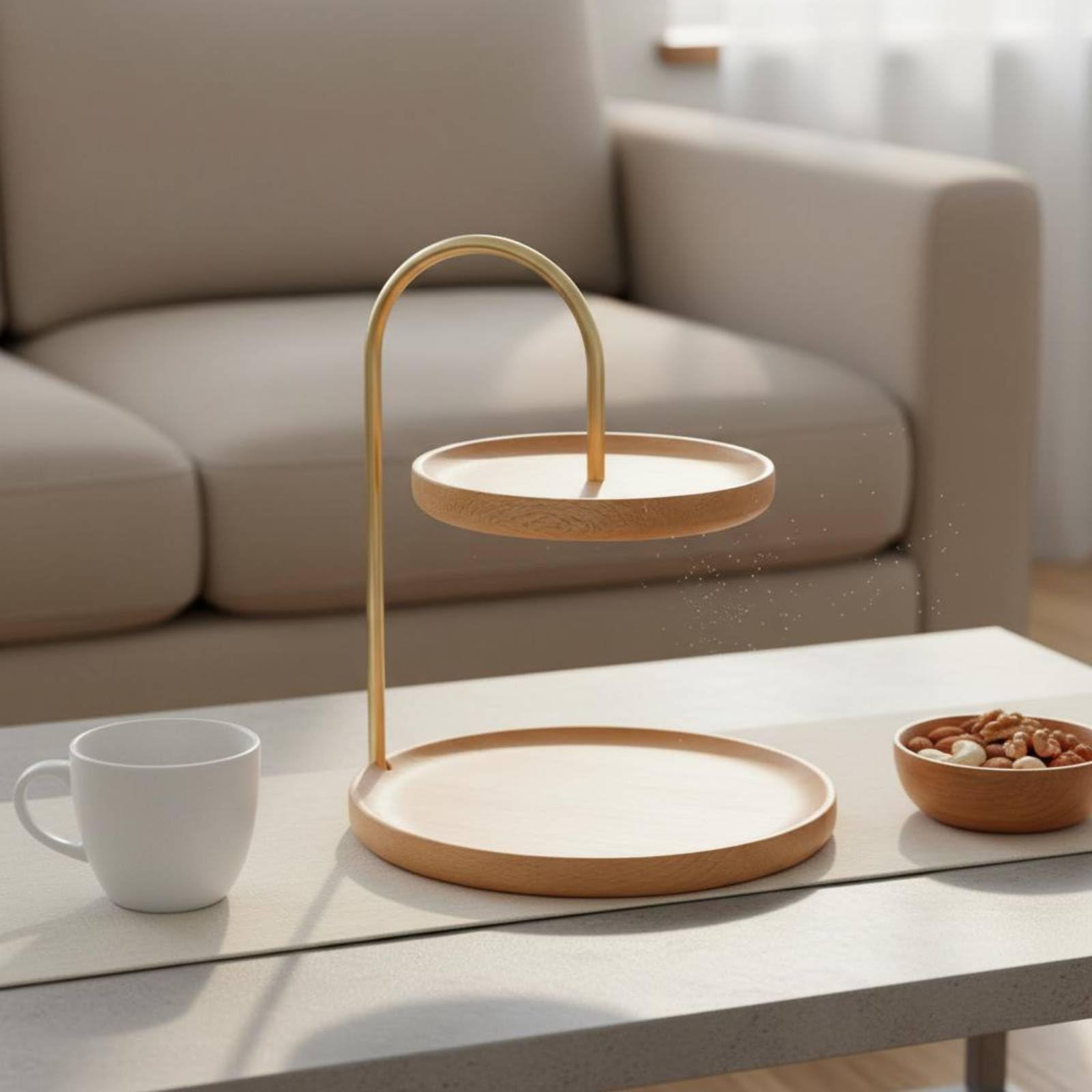 Amagogo Vassoio a Due Livelli Vassoio da Portata Alzata Dessert Stand Centrotavola in Legno Massello con Accenti in Ottone per Organizzare Gioielli Chiavi E, Faggio Tondo
