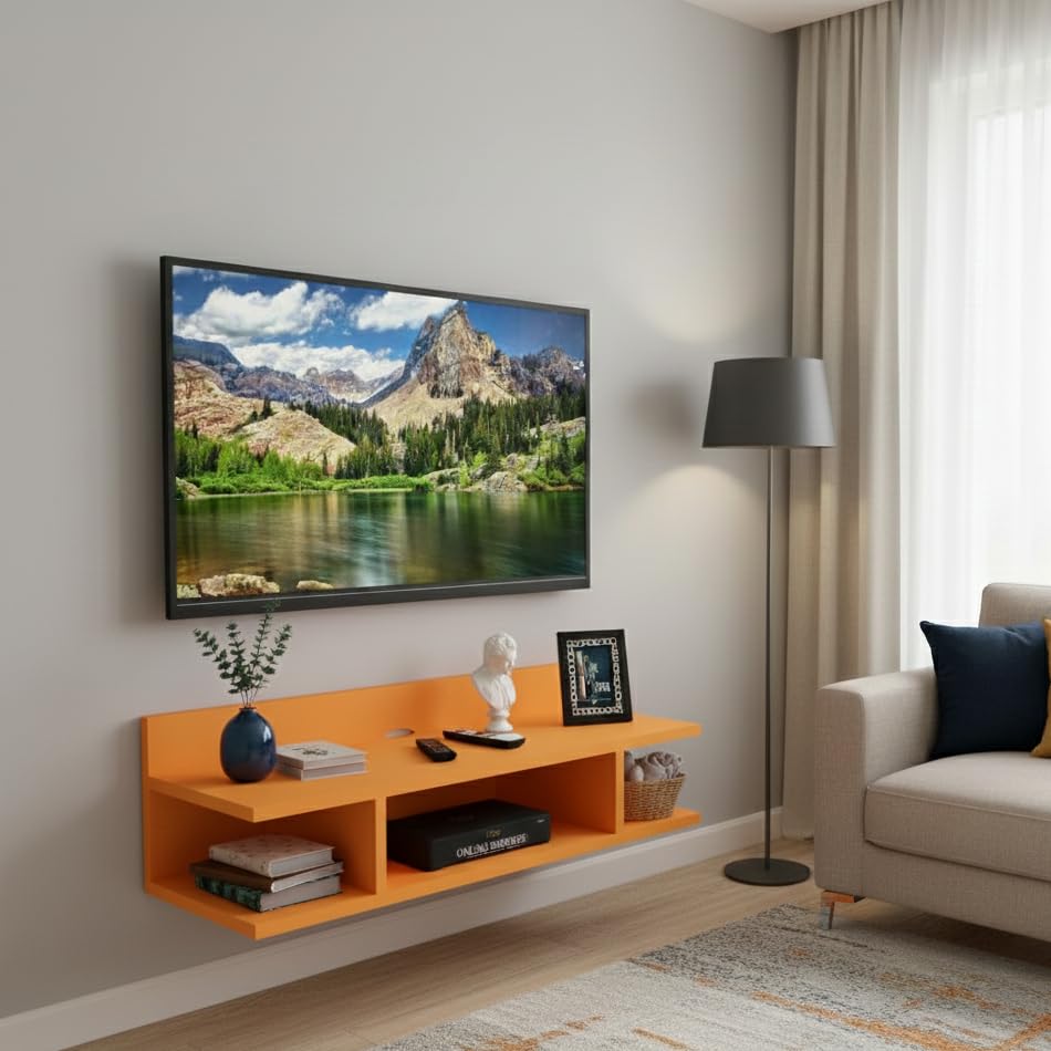 Engineered Wood Set Top Box Stand | Wall Mounted TV Unit Shelf for Router, WiFi, DVD, Gaming Console | Sturdy & Space Saving TV Accessory Organizer (Brown, 50 x 20 x 15 cm) (Orange)
