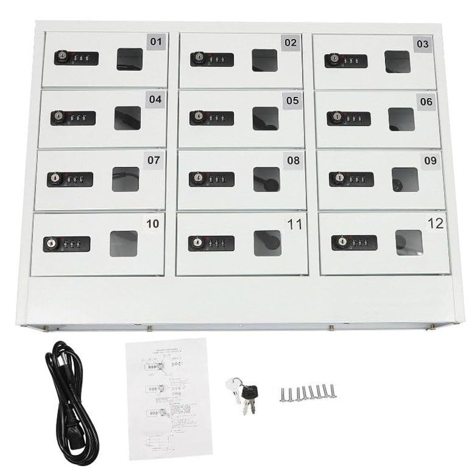 Casier en Acier pour téléphone Portable 12 emplacements sécurisé et Pratique avec Mini-Chargeur, Station de Charge, Armoire et Serrure à Combinaison, Blanc pour étudiants et employés