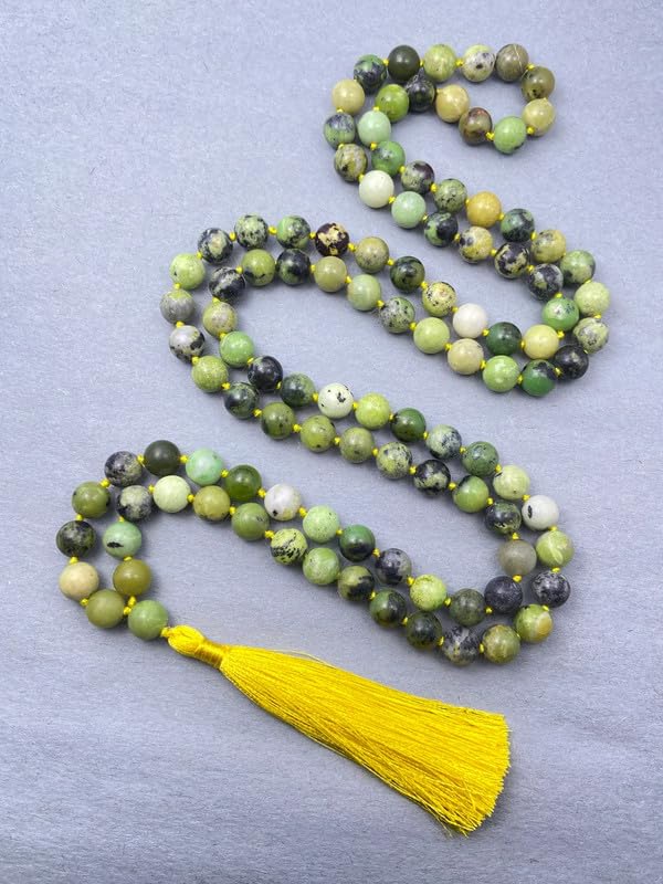 Mala de 108 cuentas de crisoprasa AAA natural, collar anudado de 10 mm, borla curativa de conexión a tierra, protección espiritual, meditación, equilibrio, Japa Mala
