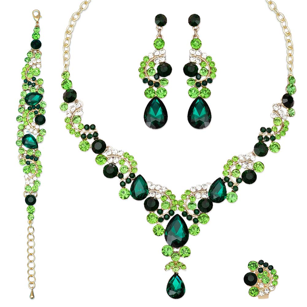 CSY - Set di 4 eleganti collane, orecchini, bracciali, anelli, gioielli in cristallo austriaco, accessori per costume da donna