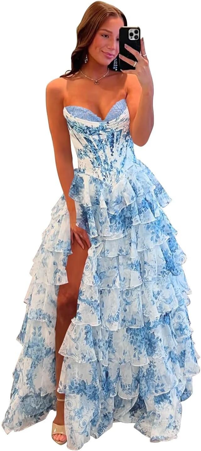 UZN Floral Print Tiered Prom Dresses 2026 with Slit Long Strapless Corset Formal Evening Party Gowns